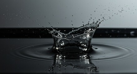 Water Drop Impact Splash - Stunning close-up of a water droplet impacting a dark surface, creating a captivating splash and ripple effect