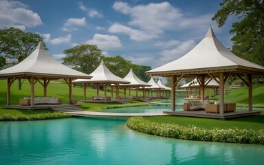 Serene resort pavilions with thatched roofs nestled beside a tranquil turquoise water body, surrounded by lush green grass and mature trees under a partly cloudy sky