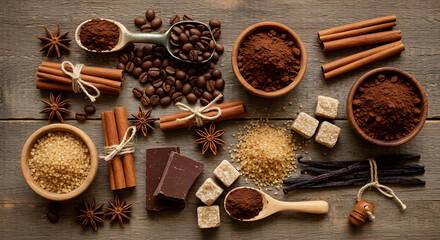 "A cozy flat lay of coffee and baking ingredients on a rustic wooden background. Includes coffee beans, cocoa powder, dark chocolate pieces, cinnamon sticks, star anise, brown sugar, and vanilla pods.