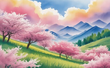 Watercolor painting of rolling hills covered in blooming cherry blossom trees under a vibrant sky with soft pink and orange clouds, showcasing a serene spring landscape