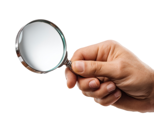 Close-up of a hand holding a magnifying glass.  The hand is light-toned, and the magnifying glass is a clear, round lens with a metal frame