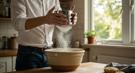 Sifting Flour for Baking in a Kitchen.