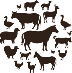 Silhouette collection of various farm animals and birds on white Keywords: farm animals livestock