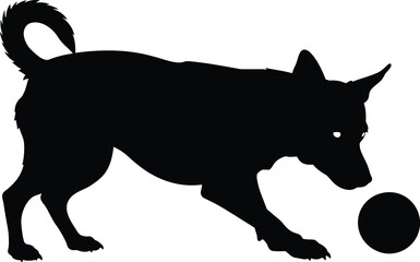 Silhouette of a dog playing with a ball on a white background Keywords: dog, silhouette, black, animal