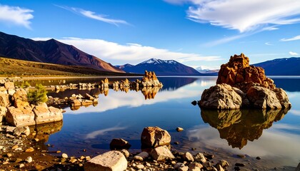 Calm lake reflecting mountains and rock formations