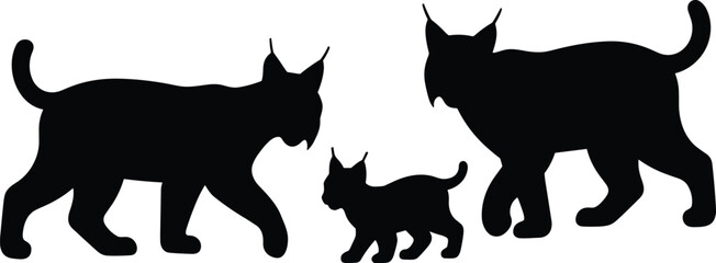 Three black lynx silhouettes walking on white background bobcat wildcat
