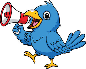 Cartoon blue bird with megaphone, cheerful mascot character, announcement concept, social media icon, vector illustration, communication, marketing, alert, fun