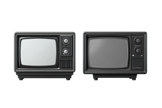 Two vintage black televisions, side-by-side, with blank screens, showing controls and stand
