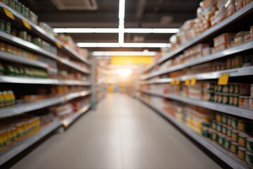 Blurry supermarket aisle with shelves of diverse grocery products