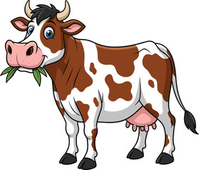 Cartoon cow, farm animal, dairy cow, chewing leaves, cute livestock, vector illustration, children’s content, agriculture, udder, horns, tail, friendly expression, white cow