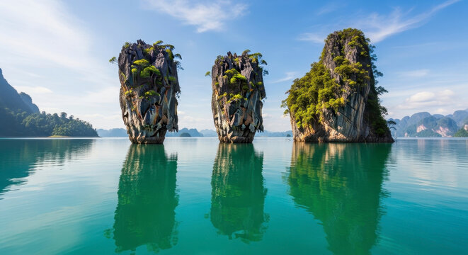 Three limestone karst islands rise from the emerald waters of Cheow Lan Lake Thailand