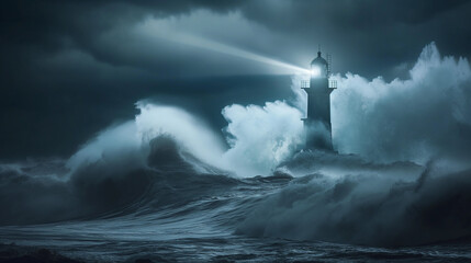 Stormy Sea Waves Crashing Against Lighthouse at Night