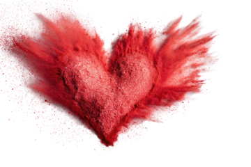 A vibrant red heart bursts with a textured surface, surrounded by a spray of red and white particles against a black background