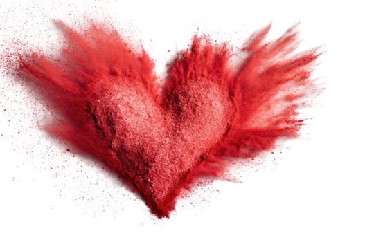 A vibrant red heart bursts with a textured surface, surrounded by a spray of red and white particles against a black background