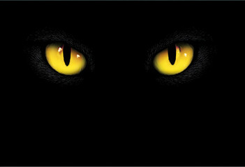 A pair of intense, luminous yellow cat eyes with vertical pupils staring out from a pitch-black background.