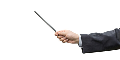 Hand holding thin pointer stick isolated on a transparent background wand