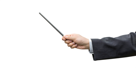 Hand holding thin pointer stick isolated on a transparent background wand