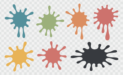 Color ink blots. Colorful paint splatters and drips in organic splashes. Bright, playful, bold abstract graffiti spots for kids art blobs, comics, pop art design. Vector isolated set