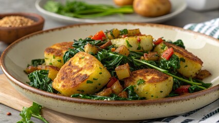 Delicious bubble and squeak with spinach served in a rustic style, featuring crispy vegetables and herbs