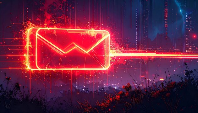 A vibrant, neon red email icon hovers above a landscape with glowing particles, suggesting digital communication in a natural setting. Binary code adds to the futuristic aesthetic