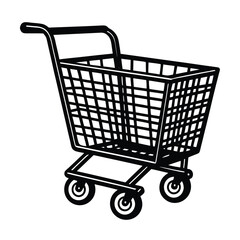 An empty metal shopping cart with a red handle is ready for purchase, symbolizing retail and e-commerce