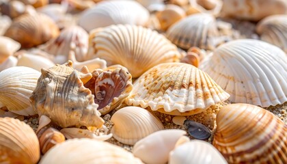 Close-up of many seashells on sand