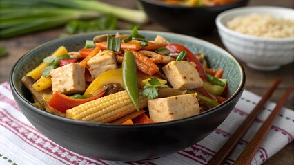 Buddha's delight with baby corn and colorful vegetables served in a bowl, garnished with fresh herbs