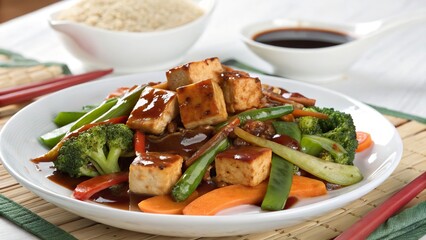 Delicious buddha's delight with sweet soy glaze and fresh vegetables served on a plate