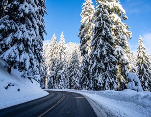Snowy mountain road winding through trees