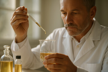 perfumer making perfume : mixing chemicals