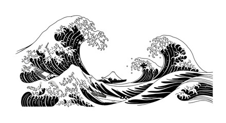 Iconic Great Wave off Kanagawa artwork featuring majestic ocean swells and Mount Fuji silhouette