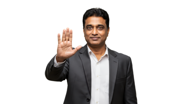 Indian Businessman Rise a Hand isolated on white transparent background, Business Hands UP 