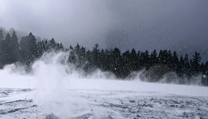 Snowy mountain scene with blowing snow
