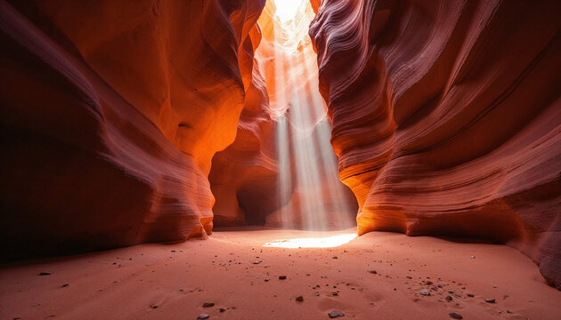 Light rays illuminate smooth slot canyon with sandy floor