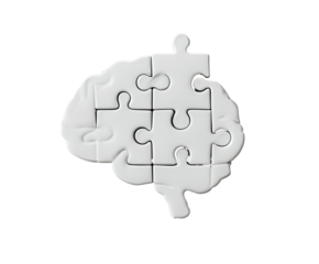 A stylized brain image, rendered in light gray, composed of interlocking puzzle pieces.  The pieces form the shape of a brain