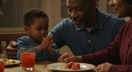 Warm Family Dinner: Grandparents, Grandson, Affectionate, Loving, and Serene Atmosphere.