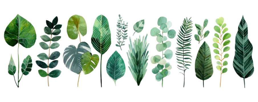 A horizontal arrangement of various stylized tropical leaves in shades of green
