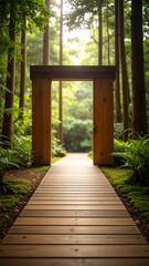Wooden archway in lush forest