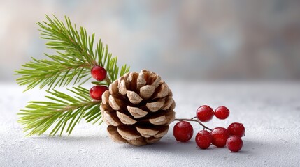 Small fir sprig with pine cone and cluster of needles