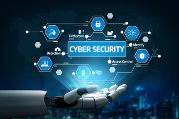 A futuristic concept of cyber security depicted with a robotic arm showcasing elements such as data protection, detection, and access control systems in a digital interface. Tessel