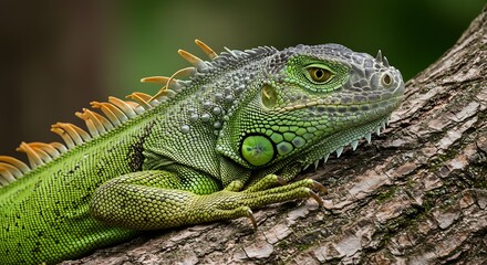 Fototapeta premium Green Iguana Resting on Tree Branch in Natural Habitat.