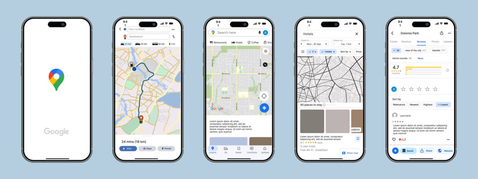 Google Maps UI mockup template with navigation, search, hotels and reviews mobile screens.