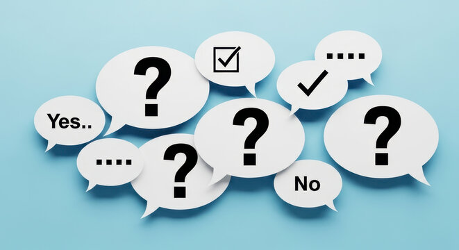 A Collection of Thought Bubbles Filled with Questions Choices and Symbols