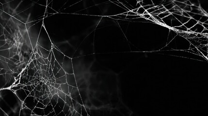 Intricate spiderweb strands against a dark backdrop, exhibiting a delicate, almost ethereal quality with varying densities and thicknesses in the web's structure