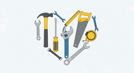 A collection of various hand tools arranged in the shape of a heart on a white background.