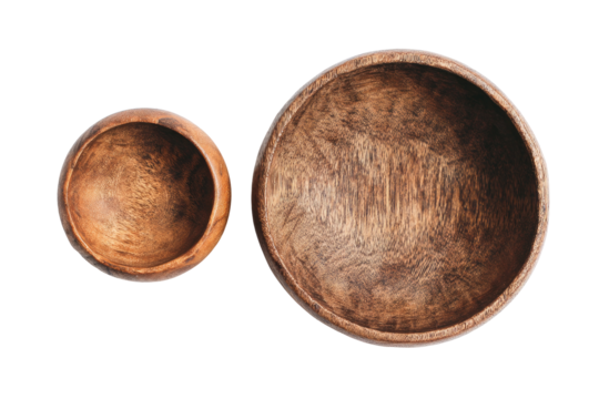 Two wooden bowls, different sizes, top view