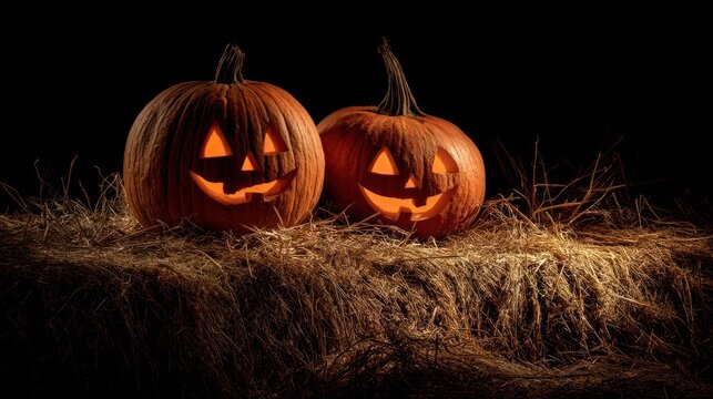 Two illuminated jack-o'-lanterns rest on a pile of hay against a dark background, creating a spooky yet inviting Halloween scene