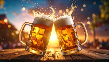 Two Mugs of Beer Clink Together at Sunset