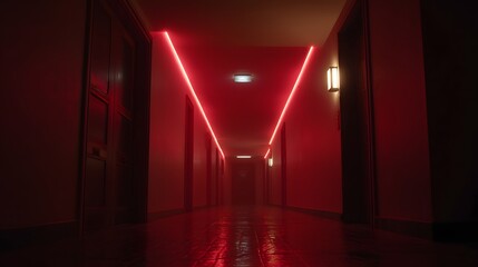 Neon Red Hotel Hall with Reflective Floor, Clean Geometry & Leading Lines, Cyberpunk Night Atmosphere.Generative AI