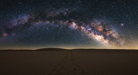 Panoramic Milky Way Arch Over Desert Landscape at Night with Starry Sky